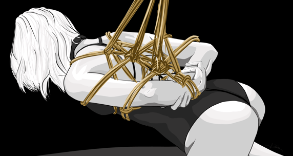 a woman drawing is tied up with shibari 