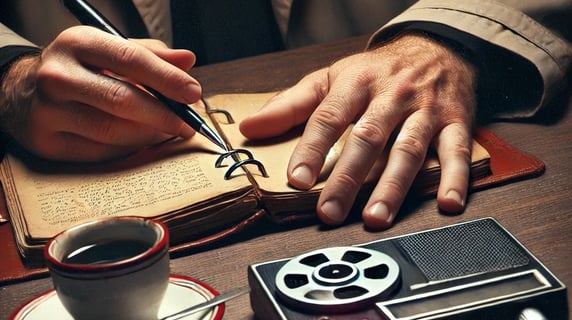 Close-up of detective’s hands writing in notebook, vintage recorder blinking, capturing an intense investigation