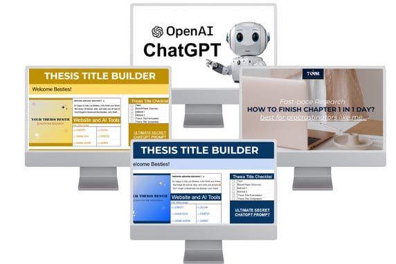 Four computer screens displaying tools like Thesis Title Builder, ChatGPT, and fast-paced research tips.