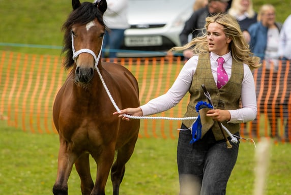 Girl running with a horse at an agricultural show