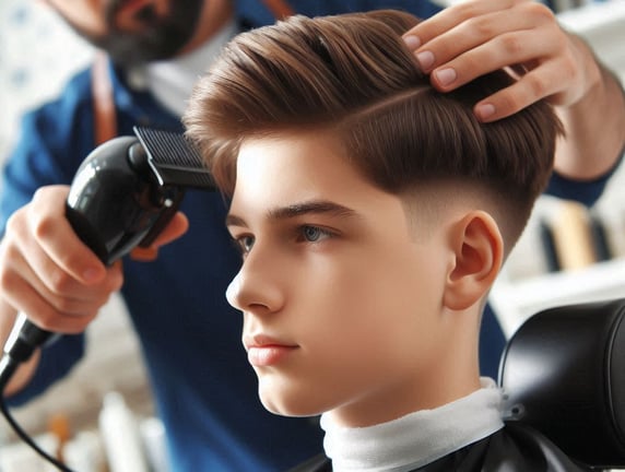 A barber giving a haircut to a boy