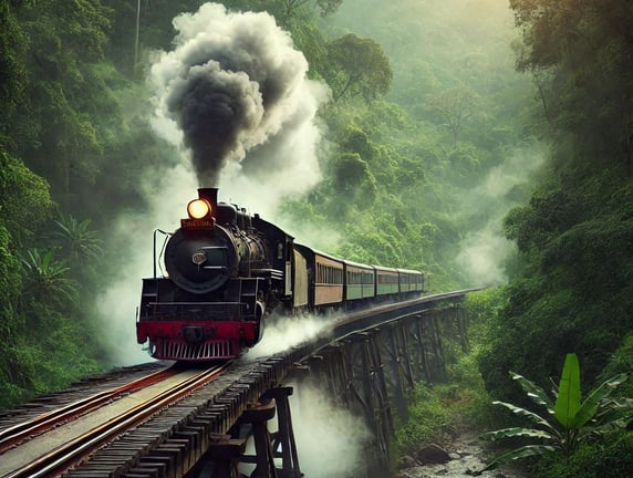 A steam engine train going on a old wooden bridge