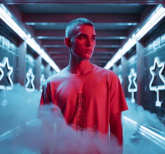 Male model wearing talisman t-shirt in futuristic neon-lit hall, FuluTee high fashion spiritual streetwear photo shoot.