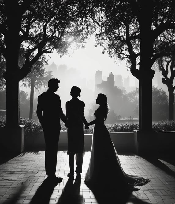 An indoor wedding ceremony with a bride in a white dress and a groom in a dark suit standing before a priest. The setting is a church with arched windows and brick walls. A child in a white robe stands nearby holding a book.