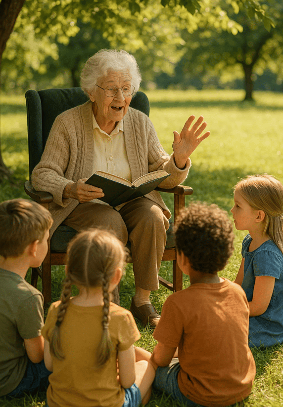 Une grand mère raconte une histoire à des enfants dans le jardin pour la journée des personnes agées