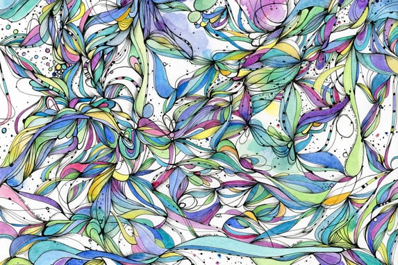 Aquarelle et encre abstraite dans les tons bleus verts et violets