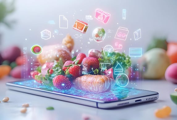 Gezonde voeding komt uit een tablet, visualisatie van online voedingsadvies of recepten.