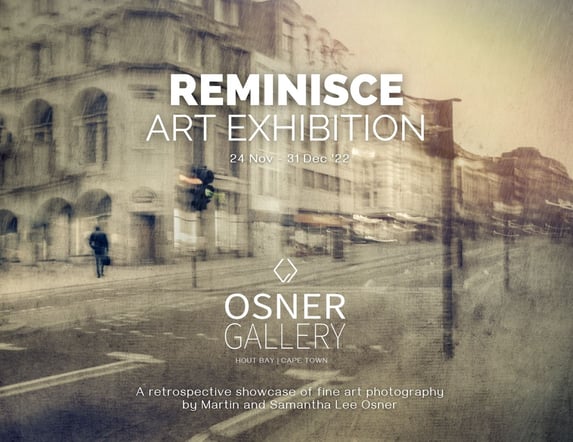 Reminisce art exhibition poster showcasing a retrospective of fine art photography by Martin and Samantha Lee Osner