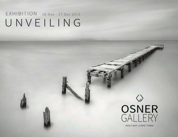 Unveiling exhibition poster featuring a black-and-white seascape photograph of a weathered jetty, presented by Osner Gallery 
