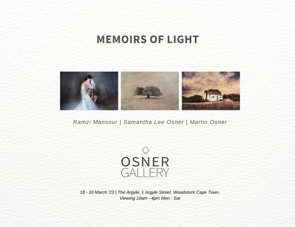 Memoirs of Light exhibition brochure featuring works by Ramzi Mansour, Samantha Lee Osner, and Martin Osner — held March 2023