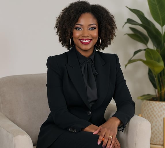  CEO-style shot — client on a branded photoshoot, confidently seated or standing in a beautiful spac