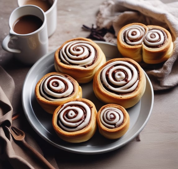 Six freshly baked cinnamon rolls placed on a sheet of parchment paper inside a baking tray. The rolls have a golden-brown crust with visible swirls of cinnamon. Each roll is neatly arranged, showcasing their spiral shape and cinnamon-coated tops.
