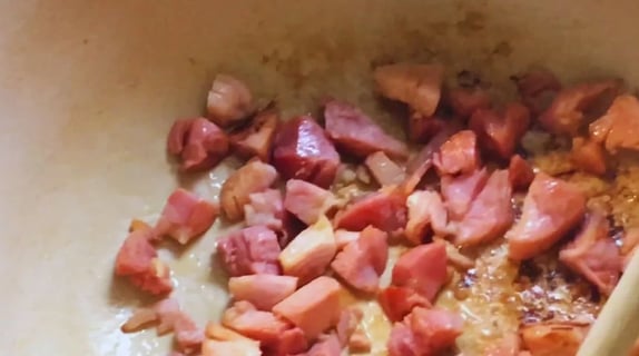 ham pieces sauted in olive oil for southern cabbage