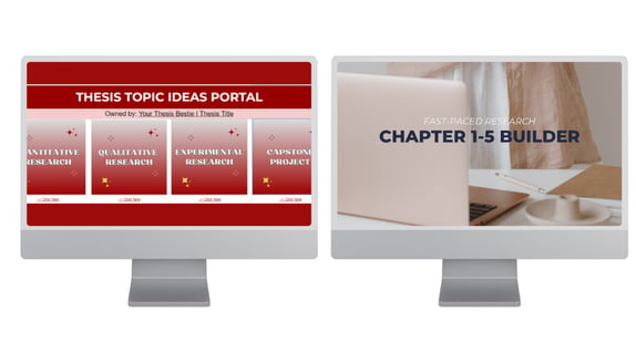 Two computer screens displaying research tools: Thesis Topic Ideas Portal and Chapter 1-5 Builder.