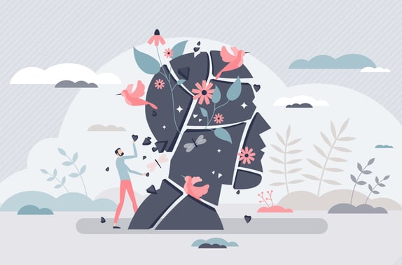 Symbolique de la psychothérapie, homme qui travaille sur son mental, sa psyché, son cerveau