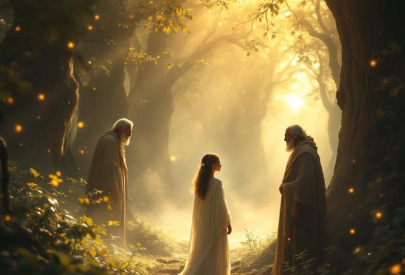 a group of people standing in a forest