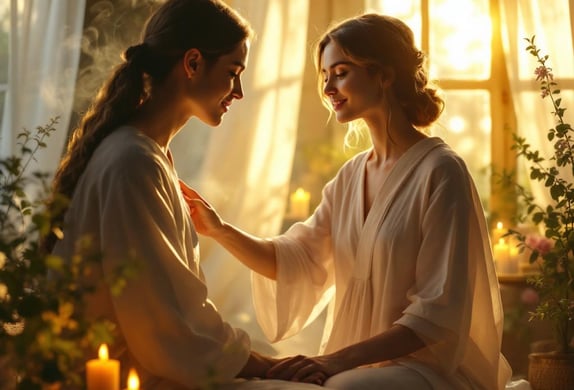 a woman in a white robe is sitting on a bed
