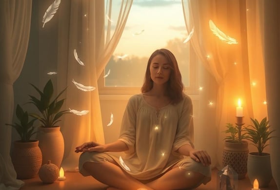 a woman sitting in a meditation position with candles and candles