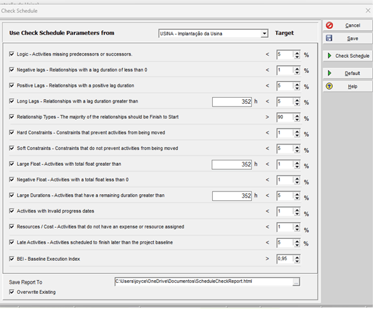 P6 Check Schedule parameter