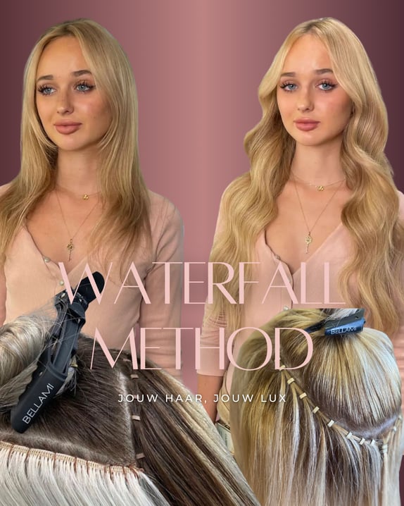 Close-up image of a Waterfall Weft hair extension installation. Thin, flexible wefts are sewn secure
