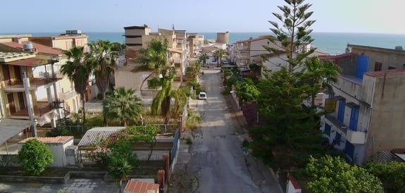 Front drone view , from the coliving for digital nomdas Co.bay Torre di Gaffe, Agrigento, Sicily, Italy