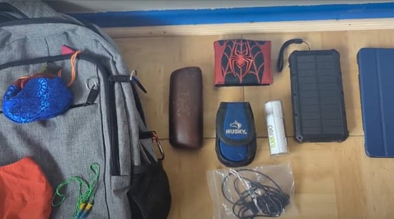 Grey Backpack With Blue Bag, Facemask, Glasses Case, Wallet, Inhaler, Batteries, and Kindle