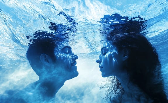 a man and woman in the water with their heads together