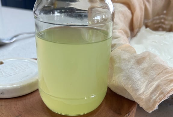 jar of whey , cheese cloth and milk saver