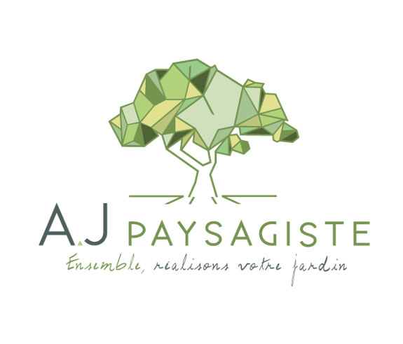 Logo AJ Paysagiste avec arbre stylisé et slogan "Ensemble, réalisons votre jardin"