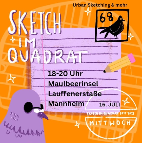 Orangener flyer mit quadratestadtsymbol im Hintergrund einer lila taube einem stift 18 bis 20h auf der maulbeerinsel am 16 ju