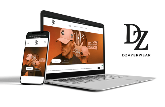 Aperçu du site DZAYERWEAR affiché sur ordinateur portable et smartphone, mettant en avant la collect