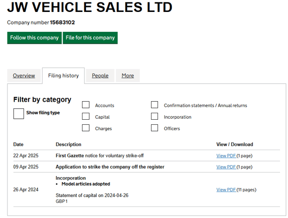JW Vehicles Filing History
