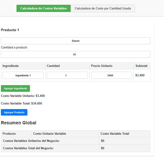 vista de la calculadora de costos variables