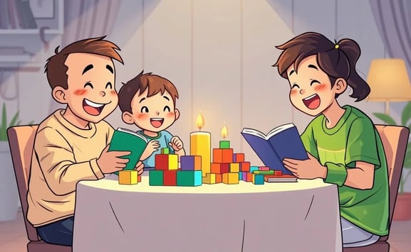 "Pais e filhos brincando juntos com brinquedos educativos que estimulam o aprendizado lúdico e forta