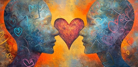 a painting of two people with hearts in the background