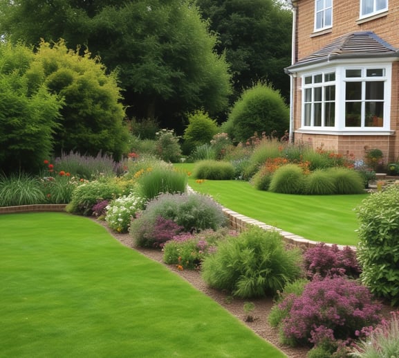 A well-maintained garden features a small, beautifully shaped conifer tree planted in a square plot surrounded by a pebble pathway. The lush greenery includes various shrubs and plants. Tall deciduous trees in the background add depth to the scene under the bright blue sky.