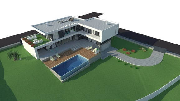 Moradia em Vila Alegre. Imagem tridimensional da Arquitetura.