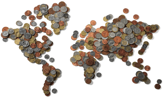 a world map of coins and coins in the shape of a world map