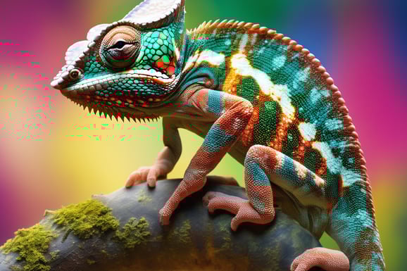 High-resolution image of a chameleon mid-color change, showcasing its textured skin against a kaleid