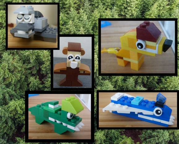 Animales hechos con piezas de Lego. Mono, Perro, Hipopotamo, cocodrilo y Tiburón.