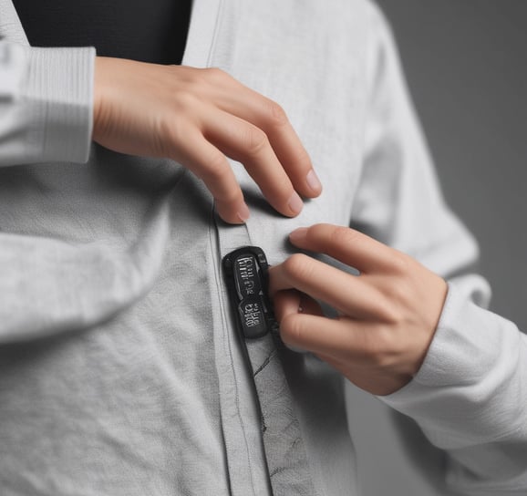 A person's hand holds a small, circular electronic device displaying a prominent logo. The device is likely designed for tracking and is compact in size.