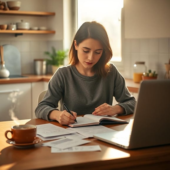 a woman writing a grocery budget in a notebook