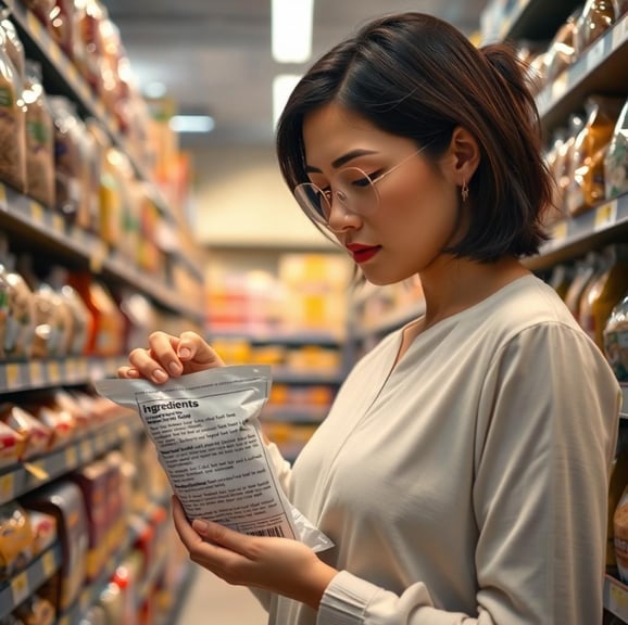 a woman checking the ingredients of a small bag of rice
