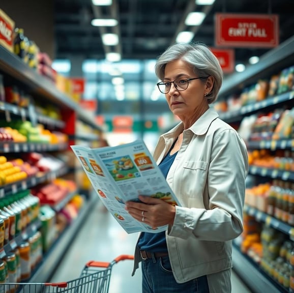 a woman looking at a store flyer in the grocery store
