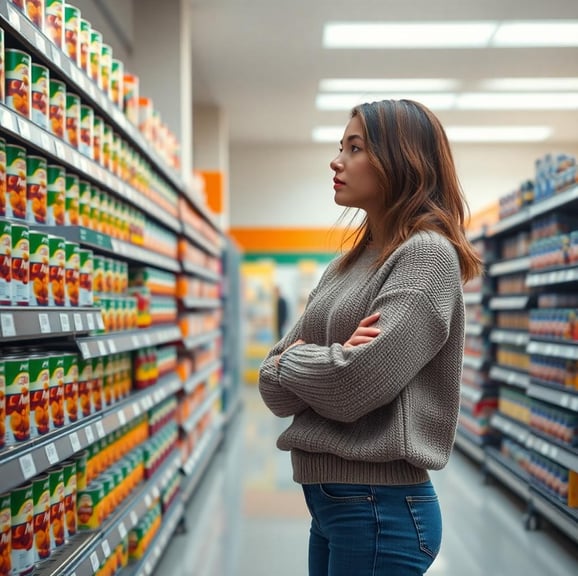 a woman looking at canned beans in the grocery store