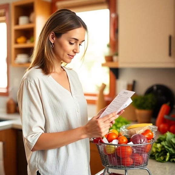 a woman in her kitchen looking at a grocery receipt