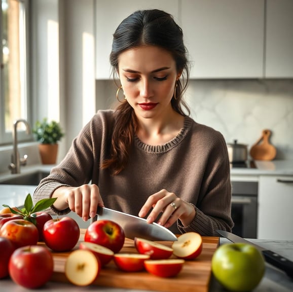 a woman cutting apples on a chopping board