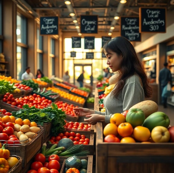 a woman buying fresh fruit and veggies in the grocery store