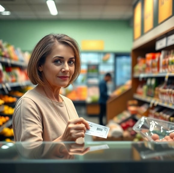 a woman using a coupon in the grocery store at checkout