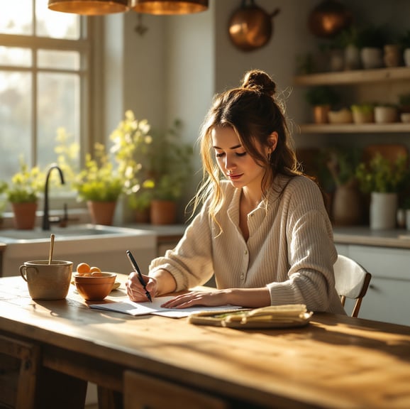 a woman sitting at her kitchen table writing out a meal plan